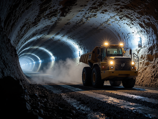 Modern underground dump truck in a well-lit mine tunnel with yellow safety markings, showing its robust structure and powerful engine.