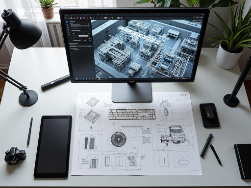 Engineers working on a computer model of an underground dump truck, showing detailed CAD drawings and technical schematics in a modern office setting.