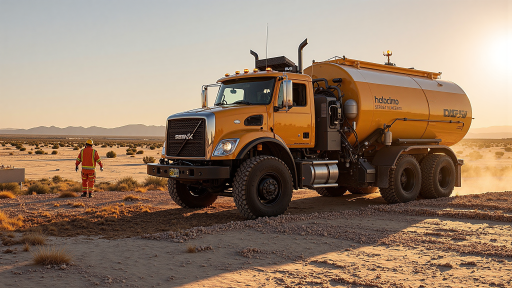Medium-sized underground dump truck model UDT-350, orange and black color scheme, showing its large dump body and articulated steering.